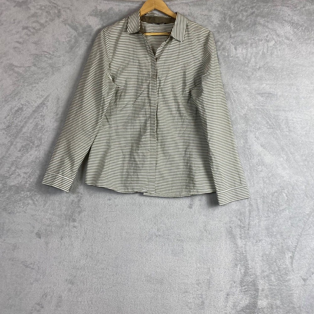 Lafayette 148‎ New York Womens Olive Green White Striped Cotton Blouse Size 14